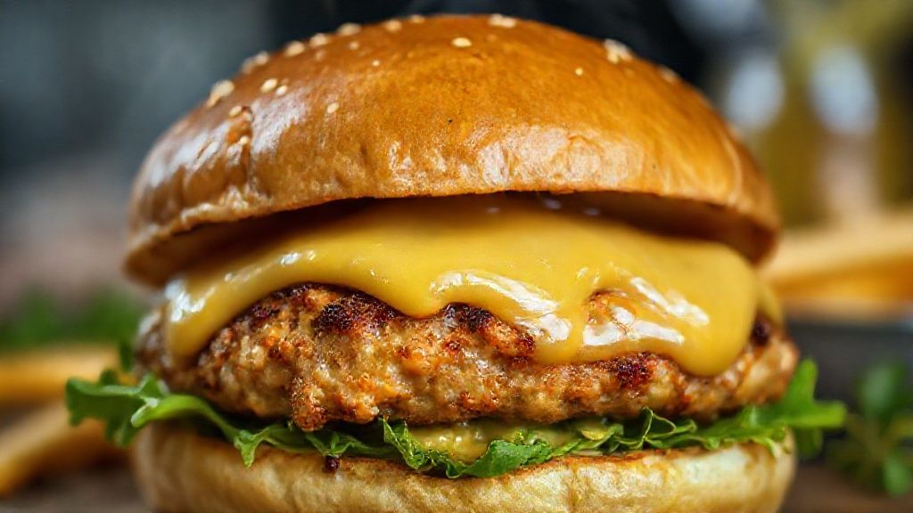 Close-up mostrando o hambúrguer cortado ao meio com textura suculenta e queijo derretido