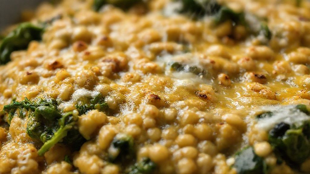Close-up do prato pronto, mostrando a textura dourada e o contraste do espinafre com o queijo derretido