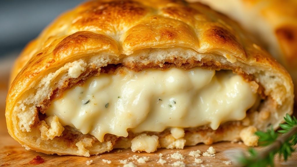 Close-up de uma fatia de kibe mostrando o recheio de catupiry derretido