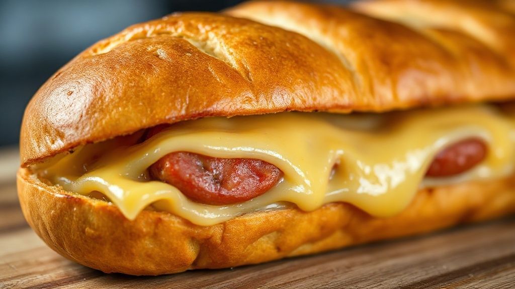 Close-up do lanche de pão de forma assado cortado, mostrando o recheio cremoso de queijo e salsicha