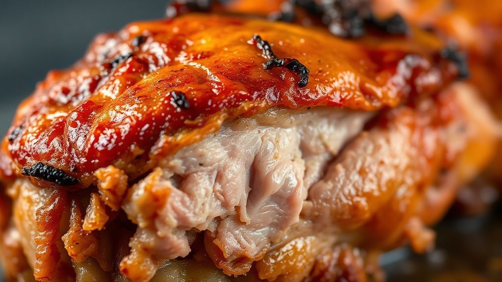 Close-up da pele crocante e dourada do leitão, mostrando a textura e o brilho