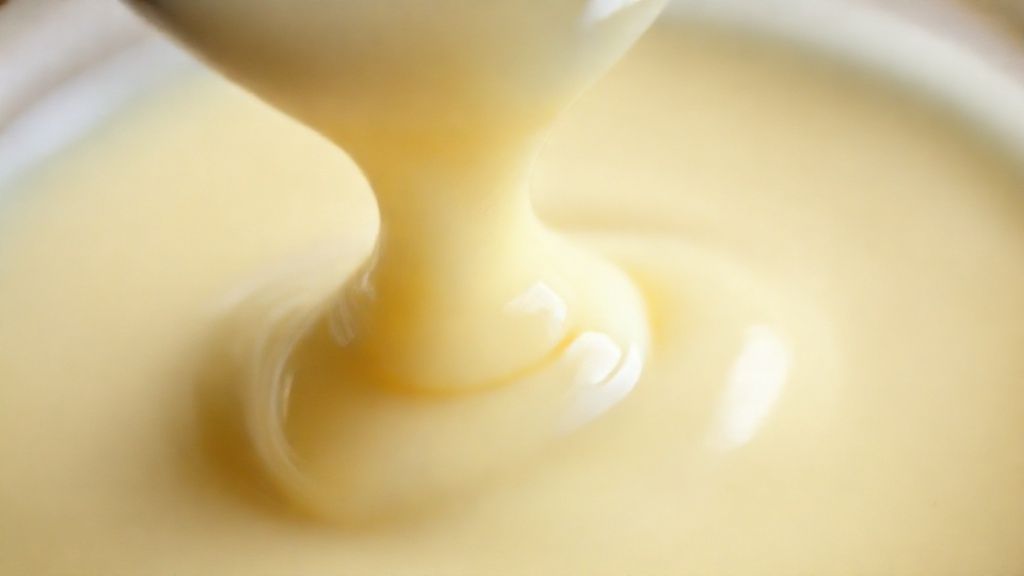 Close-up do leite condensado caseiro escorrendo de uma colher, mostrando a textura lisa.