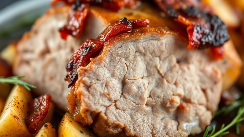 Close-up mostrando o interior suculento do lombo fatiado, bacon crocante e maçãs caramelizadas ao redor
