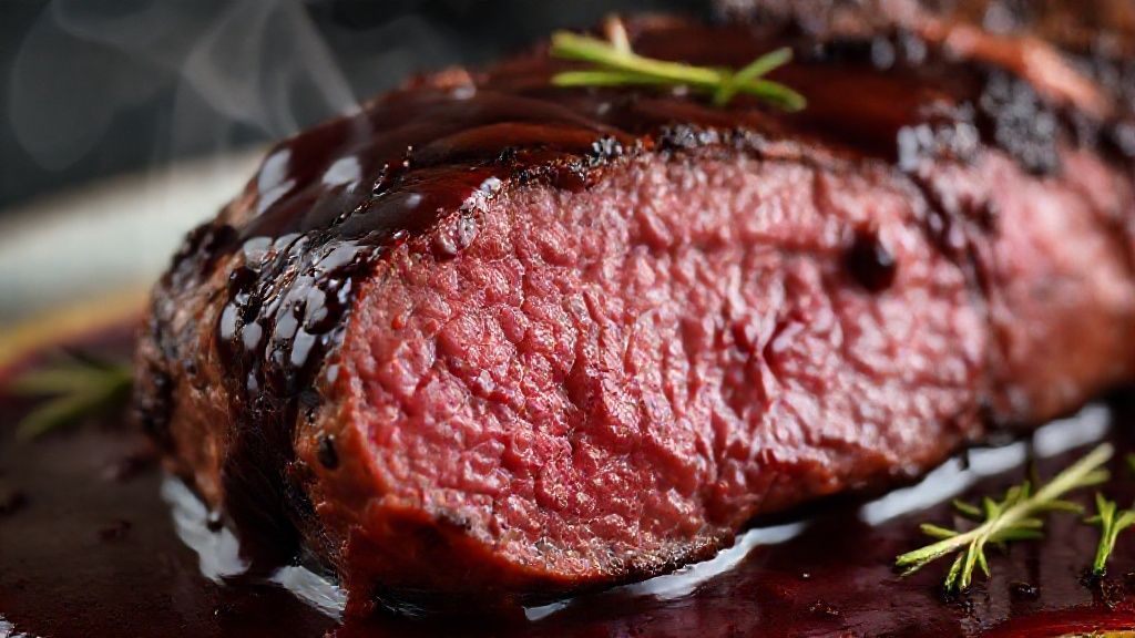 Close-up do lombo de veado cortado, destacando a textura rosada e o molho aveludado de vinho tinto