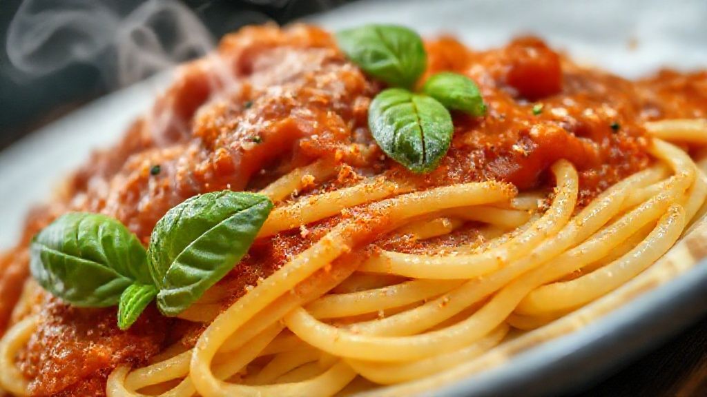 Close-up do macarrão servido com molho e ervas frescas, destacando textura e brilho.