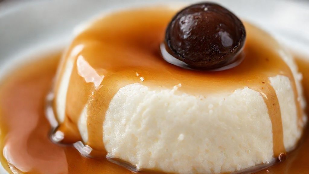 Close-up do manjar servido com calda espelhada e ameixas sobre o topo, realçando textura e brilho.