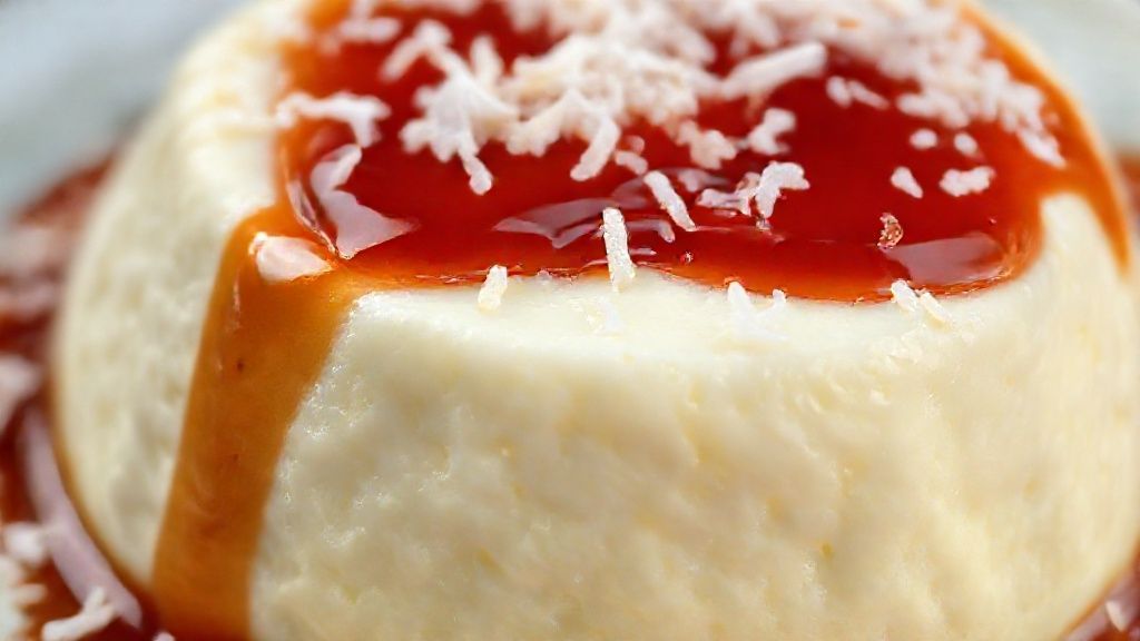 Close-up do manjar de coco pronto, destacando a textura e o brilho da calda