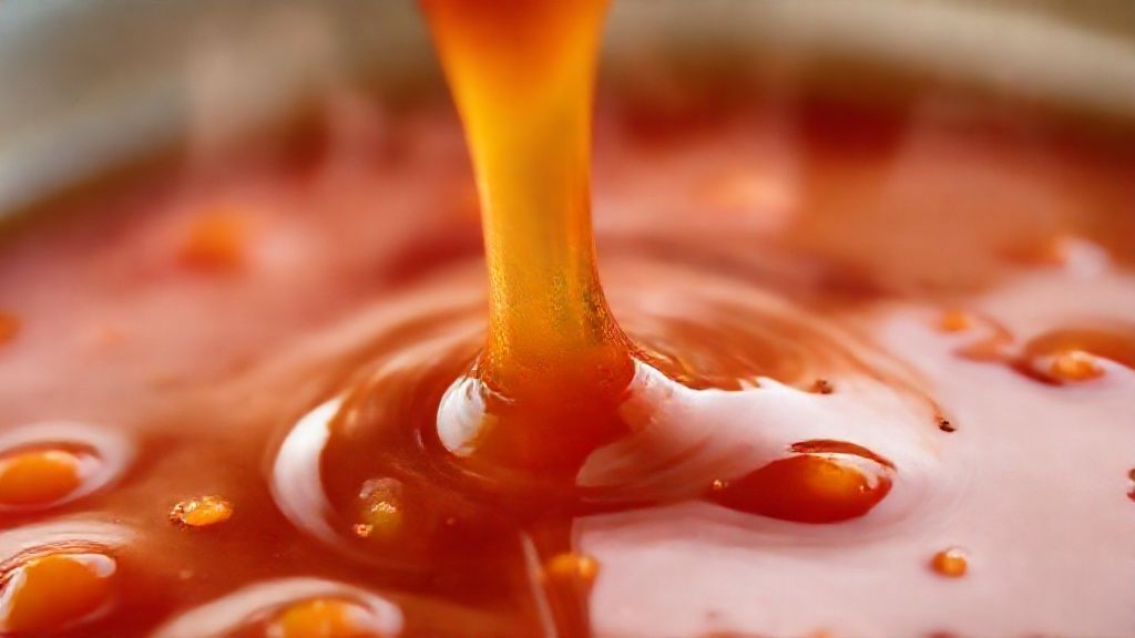 Close-up do molho agridoce finalizado com brilho e textura densa, servido com colher de bambu