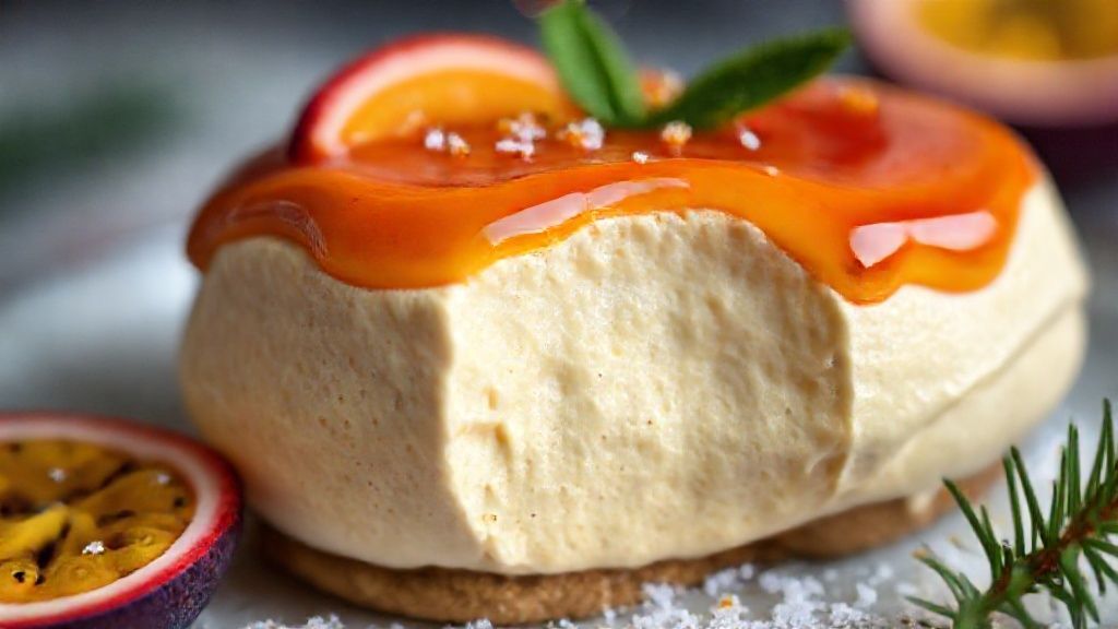 Close-up do mousse pronto com textura areada e calda brilhante de maracujá