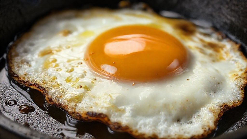 Close-up do ovo caipira com gema mole e textura dourada, dentro da frigideira de ferro curada