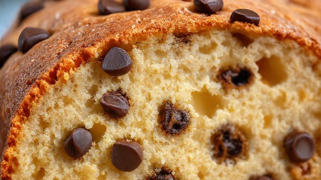 Close-up da fatia de panetone mostrando a massa fofa e as gotas derretidas de chocolate