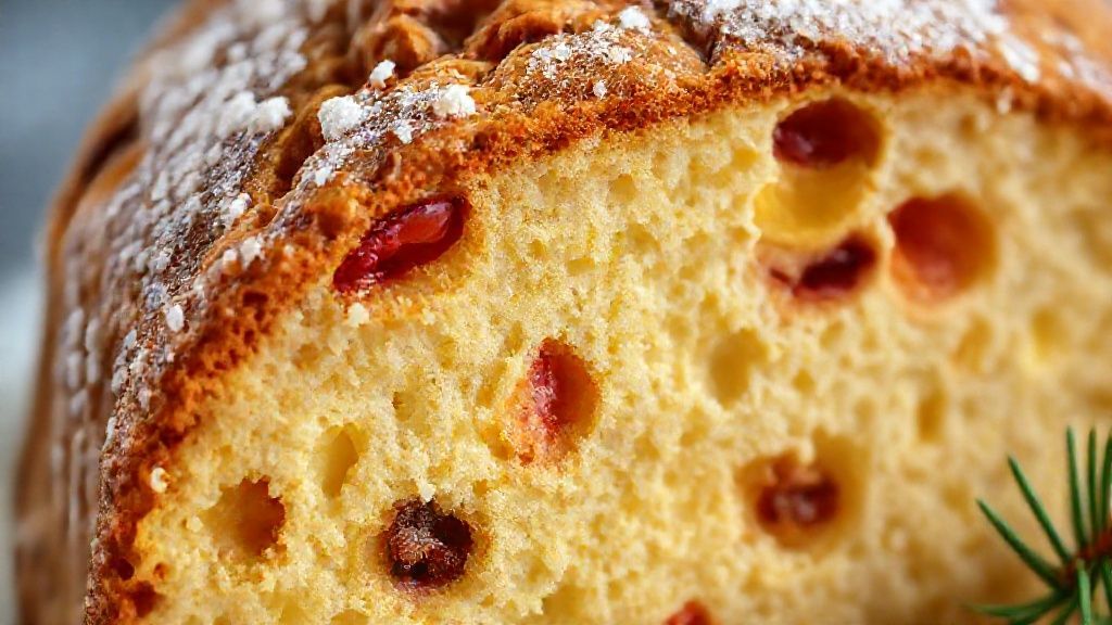 Close-up da fatia do panetone caseiro mostrando textura macia e frutas coloridas
