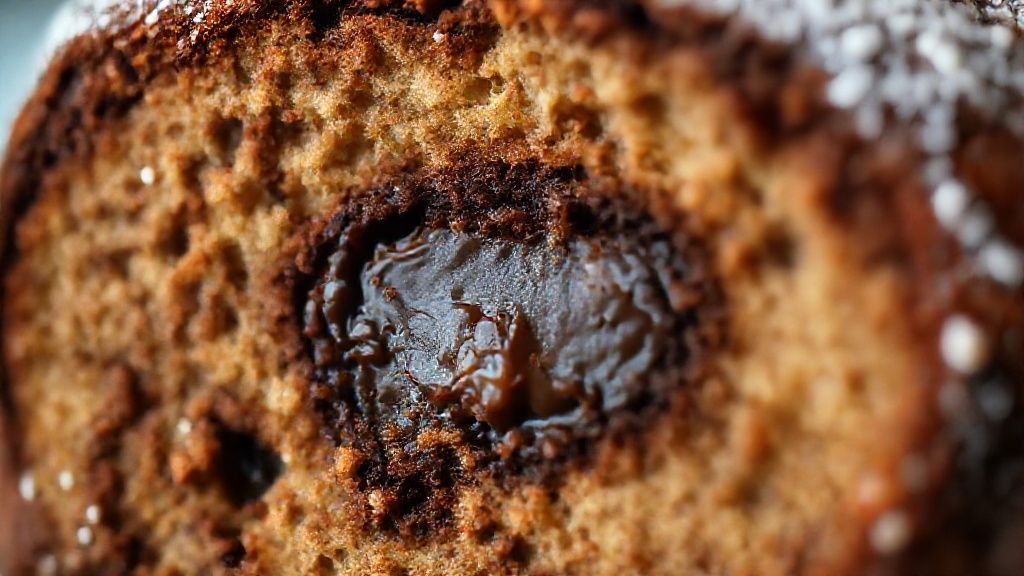 Close-up da fatia de panetone de brownie mostrando o contraste entre a massa fofa e o recheio cremoso de chocolate