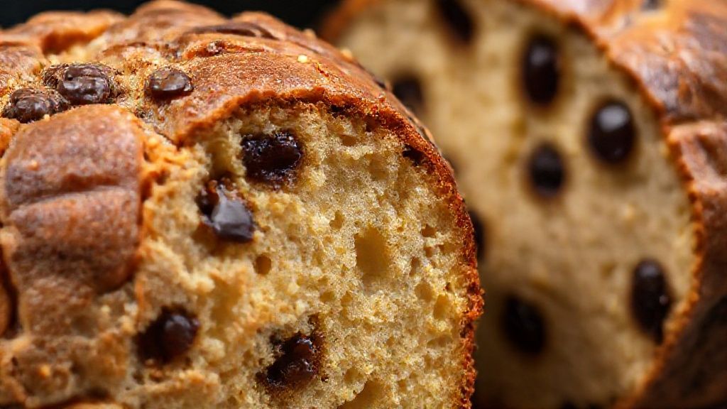 Close-up do panetone e chocotone cortados, mostrando a textura macia e recheios suculentos