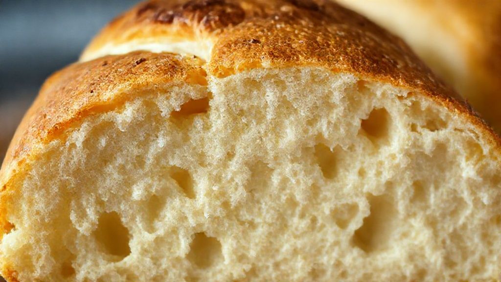 Close-up do pão dourado cortado ao meio, mostrando a textura macia no interior.