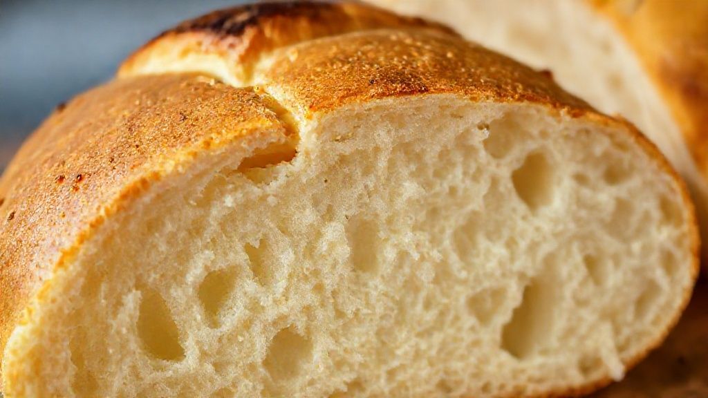 Close-up mostrando a textura do miolo e a casquinha dourada do pão pronto