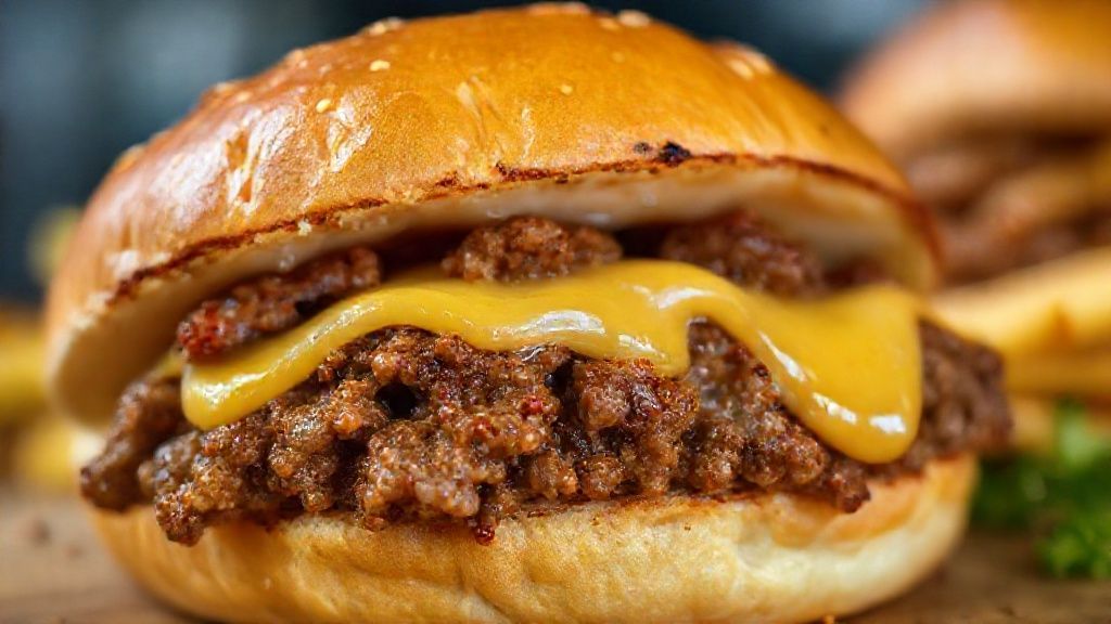 Close-up do pão com carne moída pronto, destacando o recheio suculento e o pão macio