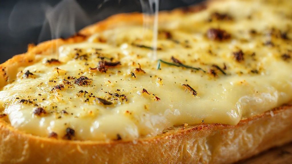 Close-up do pão de alho cremoso recém-saído do forno, mostrando a textura dourada e o queijo derretido