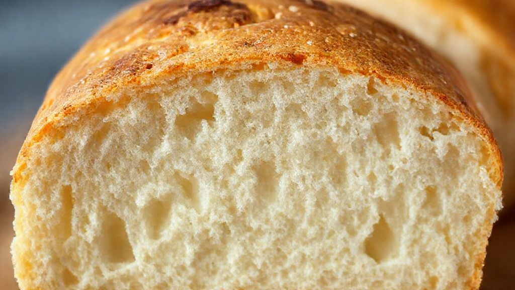 Close-up do pão aberto mostrando o miolo fofo e dourado, com textura leve e casquinha brilhante