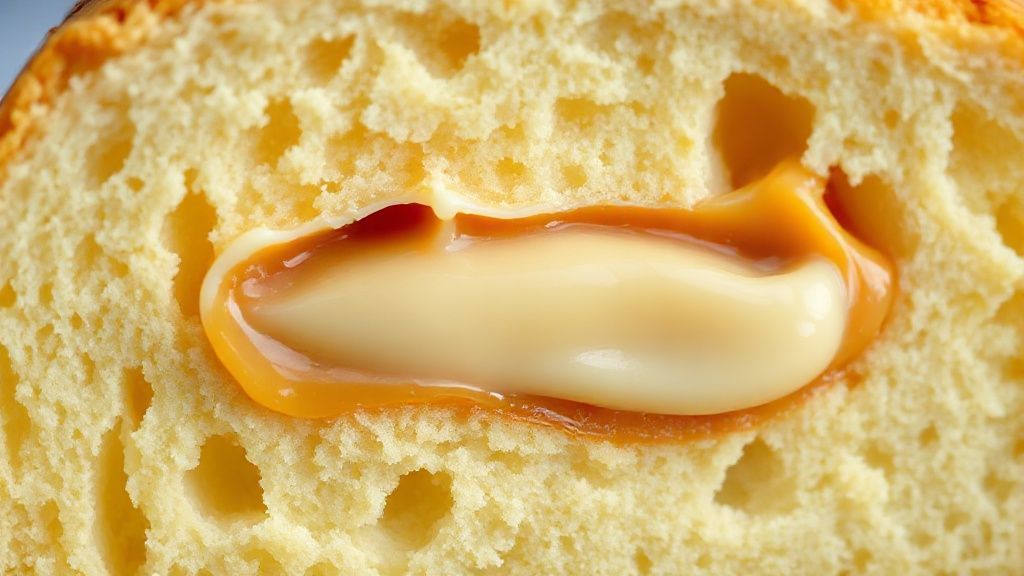 Close-up de um pão de mel branco cortado ao meio revelando o recheio cremoso de doce de leite.