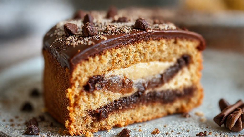 Close-up do pão de mel cortado ao meio mostrando o recheio e a textura fofa