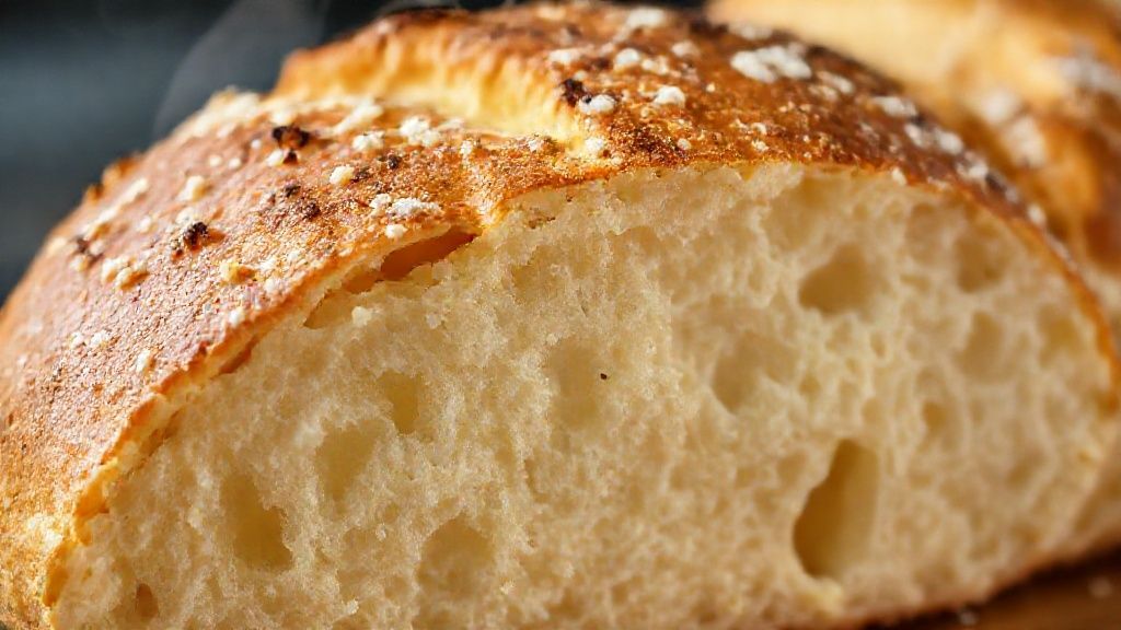 Close-up mostrando o interior macio do pão de queijo recém-aberto, com casquinha crocante.