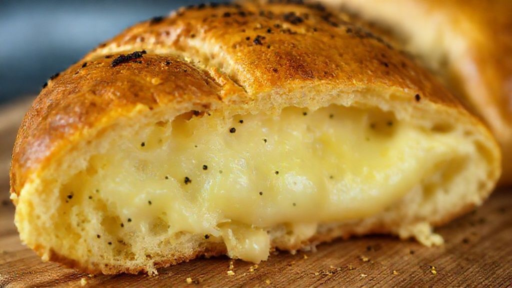 Close-up mostrando o interior cremoso e a casca crocante do pão de queijo