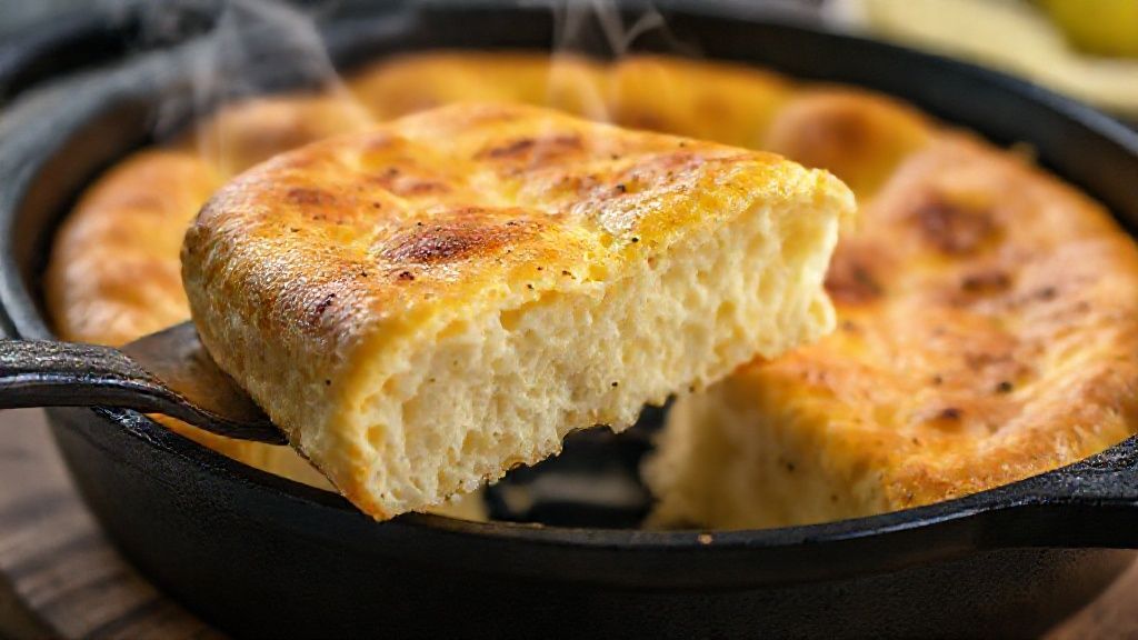 Close-up mostrando a textura elástica e a casquinha dourada do pão de queijo recém-saído da frigideira.