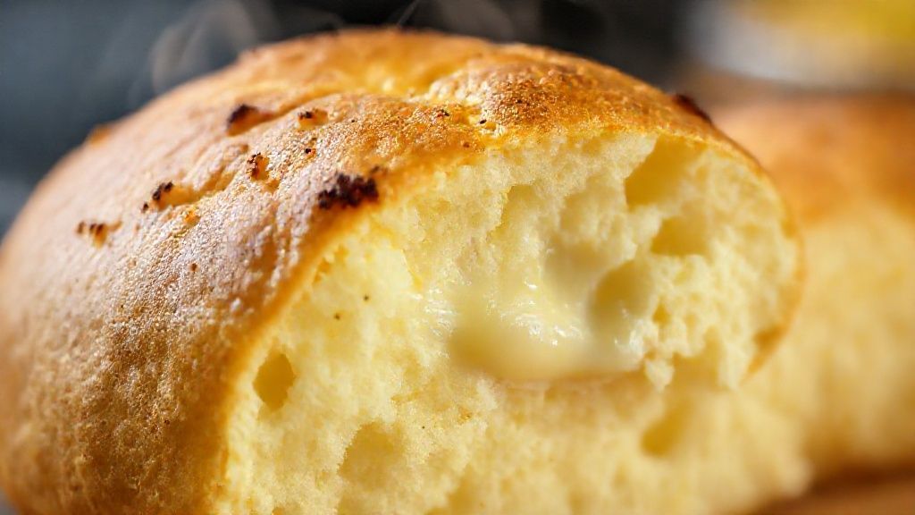 Close-up mostrando o interior macio e elástico do pão de queijo recém-aberto