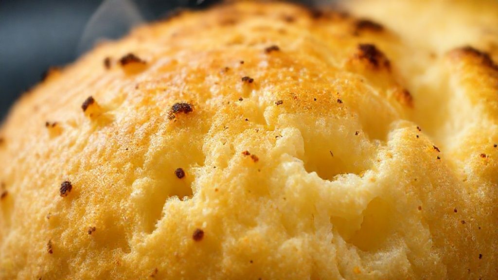 Close-up do pão de queijo recém-saído do forno, mostrando sua textura aerada e casquinha crocante.