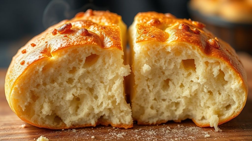 Close-up do pão de queijo dividido ao meio, mostrando o interior elástico e fumegante