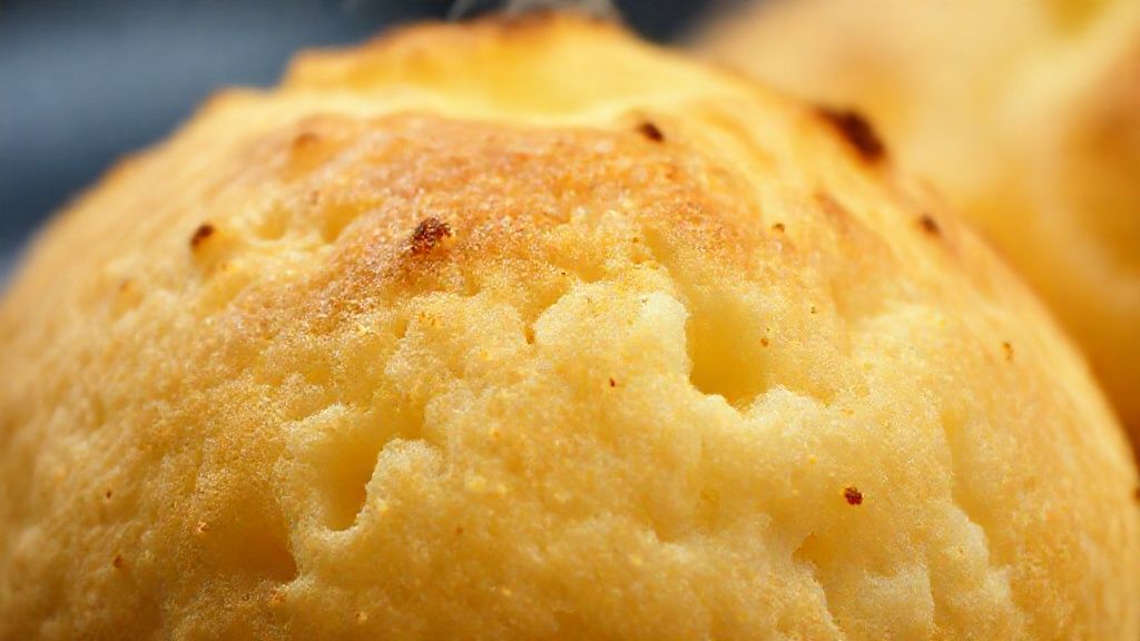 Close-up mostrando a textura elástica e o interior macio do pão de queijo