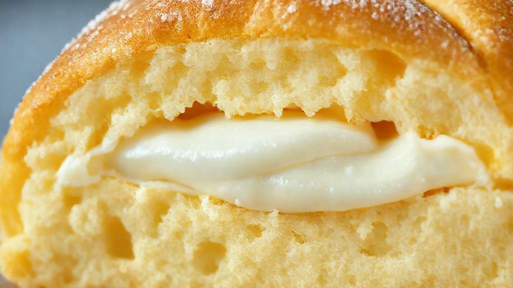 Close-up de um pão doce partido ao meio, mostrando o recheio cremoso e textura leve da massa