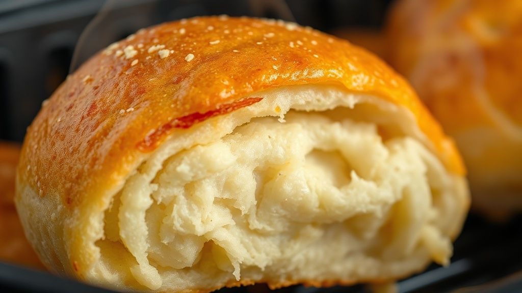 Close-up mostrando a casca crocante e o miolo macio do pão refeito na air fryer
