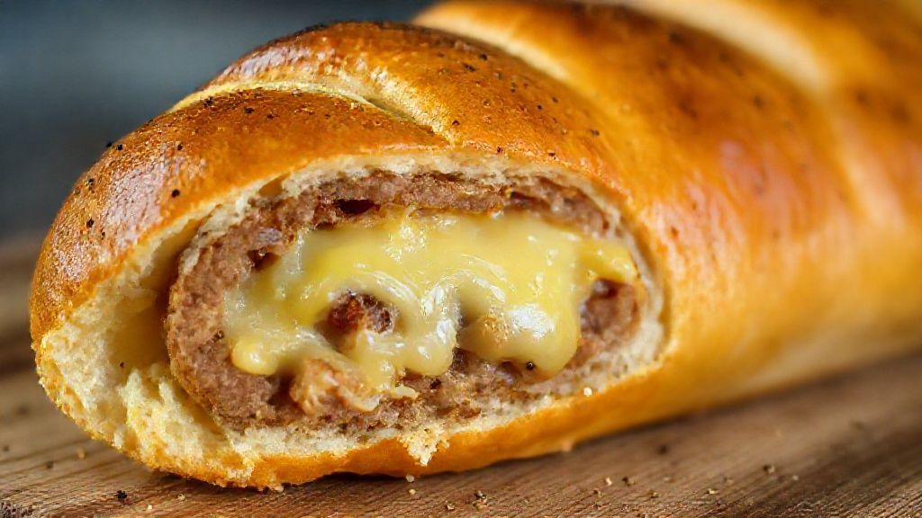 Close-up do pão pronto mostrando a textura do miolo e o recheio derretido de calabresa e queijo