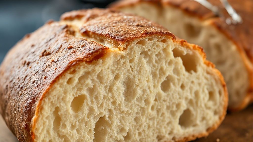 Close-up do pão sem sovar cortado, mostrando o miolo fofo e a casca dourada e crocante.