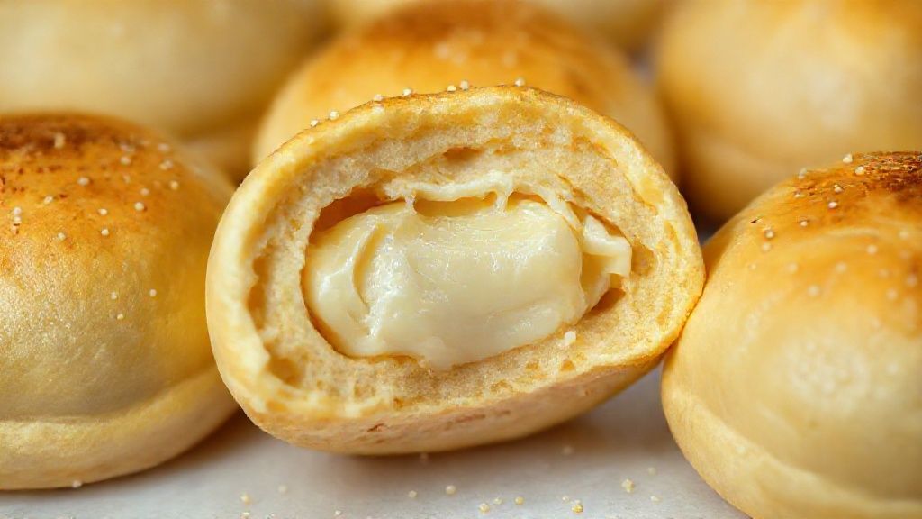 Close-up mostrando a textura fofa do pão e o recheio cremoso de baunilha saindo do interior.