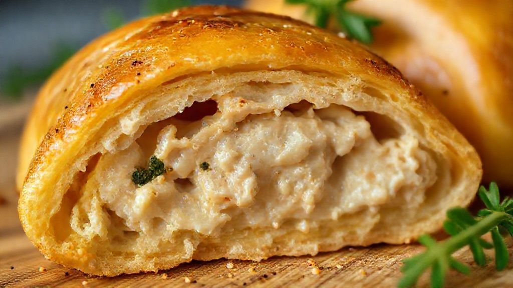 Close-up do pastel cortado ao meio, revelando o recheio cremoso de frango dentro da massa dourada