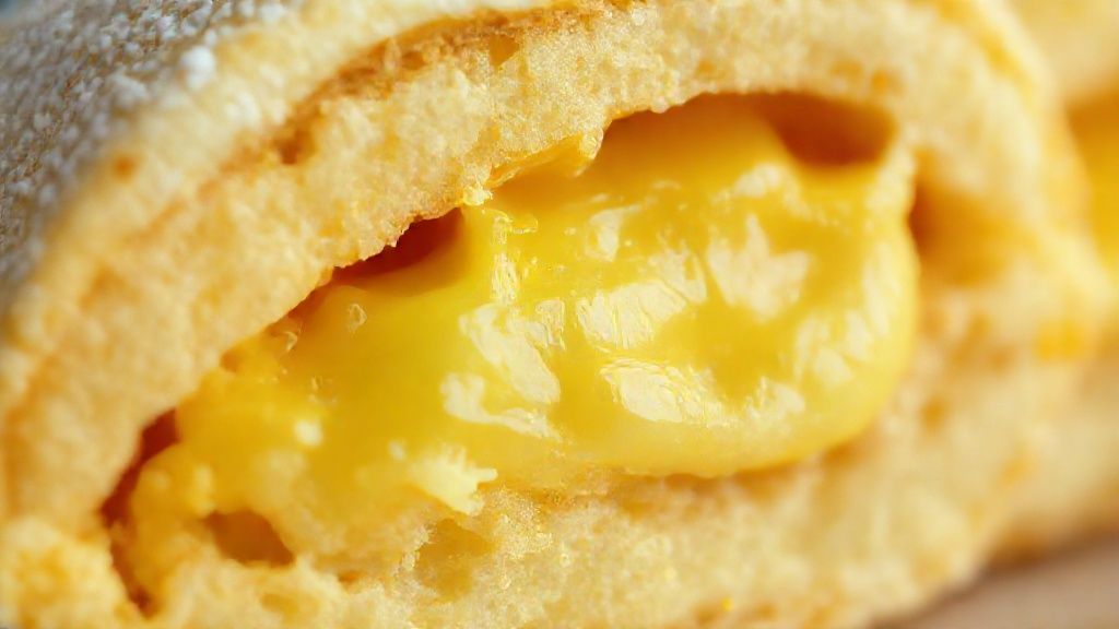 Close-up do pastel cortado ao meio mostrando o recheio de muçarela derretido e textura caramelizada da banana