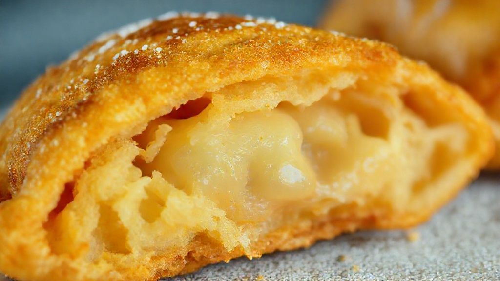 Close-up de um pastel aberto mostrando a textura sequinha e o recheio derretendo.
