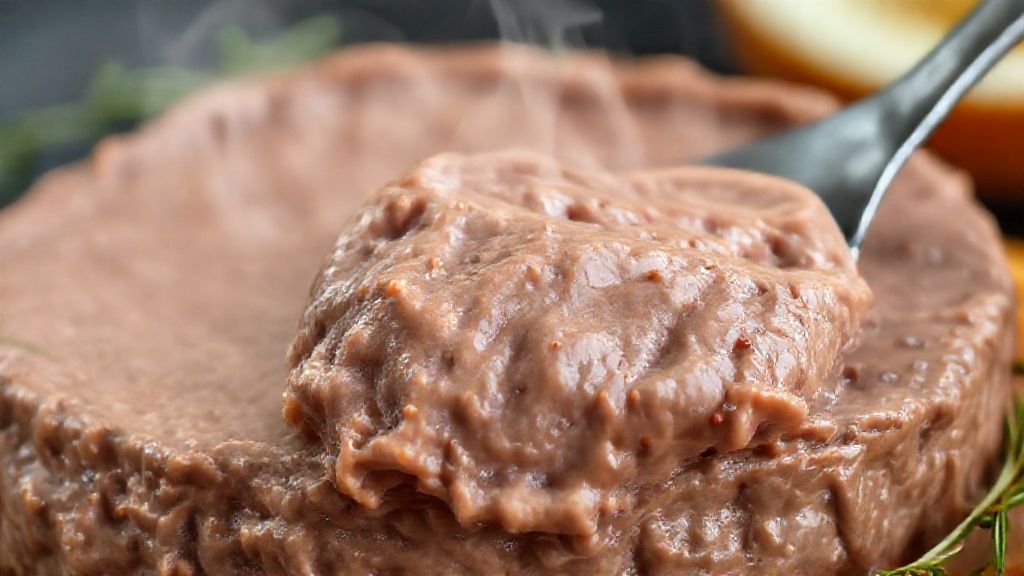 Close-up do patê finalizado, destacando sua textura lisa e coloração dourada