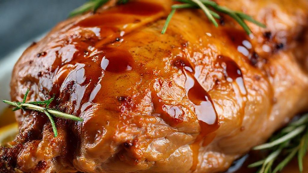 Close-up do pato fatiado com molho de laranja brilhante e pele crocante
