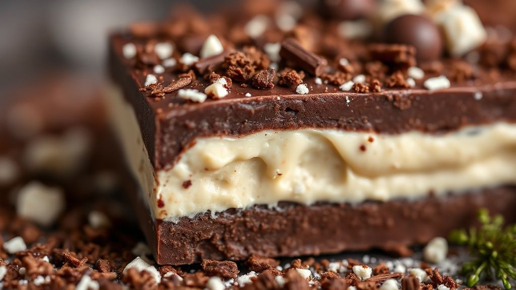 Close-up do pavê finalizado, realçando as camadas de creme e pedaços de Bis na superfície