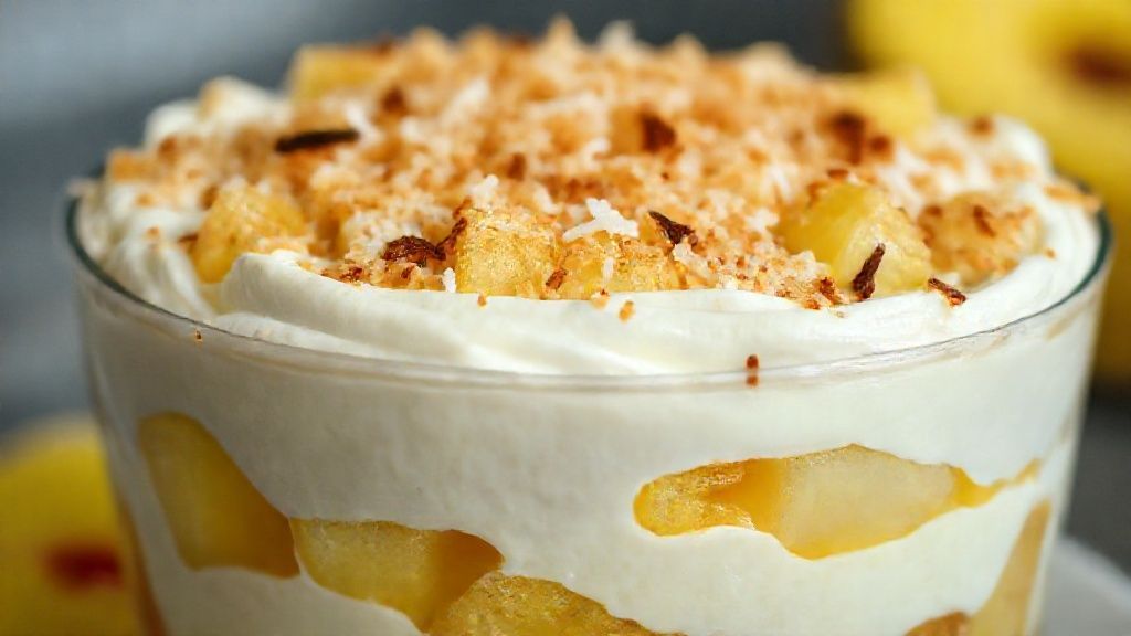 Close-up do pavê pronto mostrando as camadas de creme, abacaxi e coco tostado.