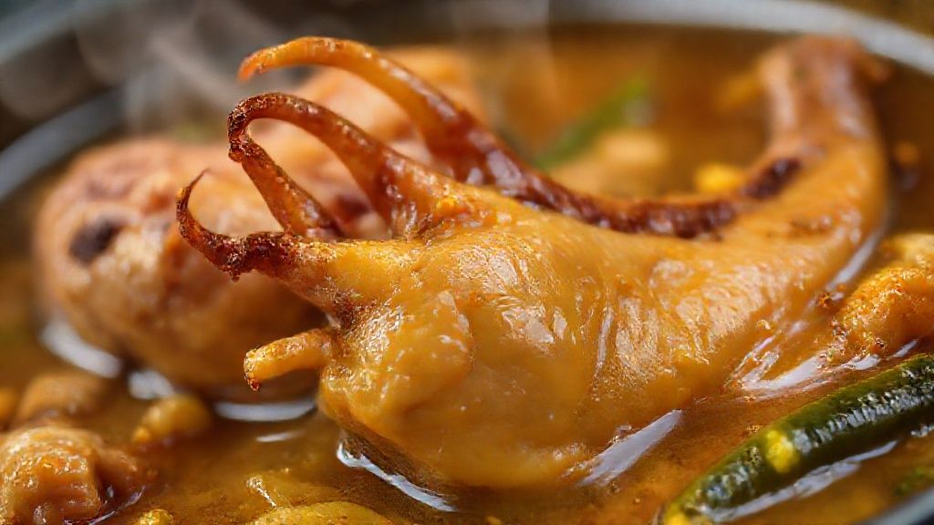 Close-up destacando a textura gelatinosa do pé de frango e o brilho do molho encorpado.