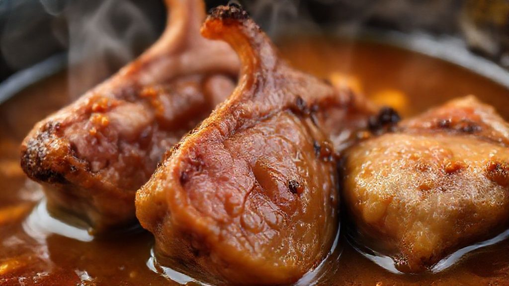 Close-up das carnes macias cobertas por caldo espesso e brilhante, soltando vapor e com ervas frescas