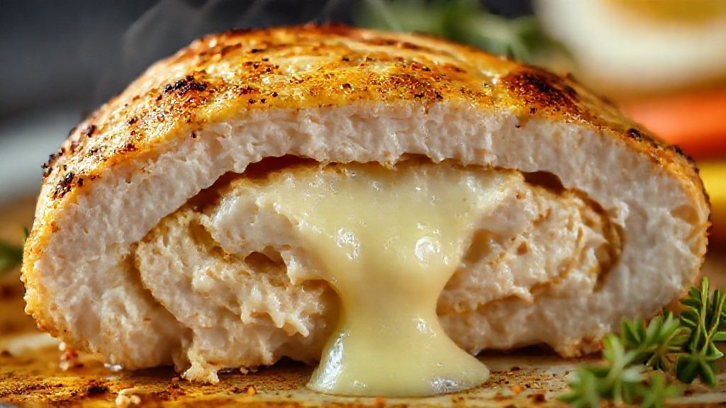 Close-up mostrando o interior do peito de frango cortado com o queijo derretendo.