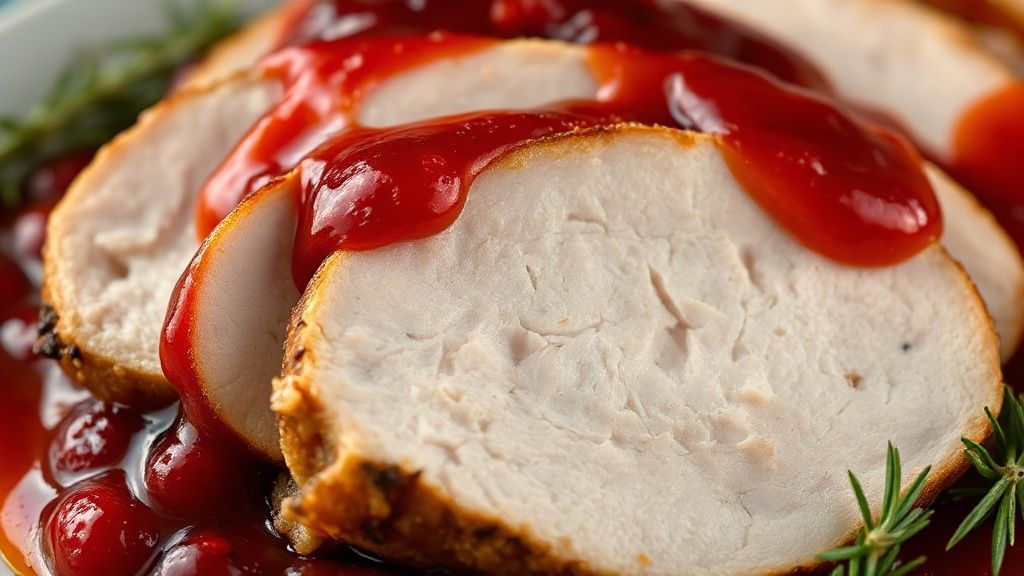 Close-up do peito de peru fatiado coberto com molho de cranberry brilhante, destacando textura e cor