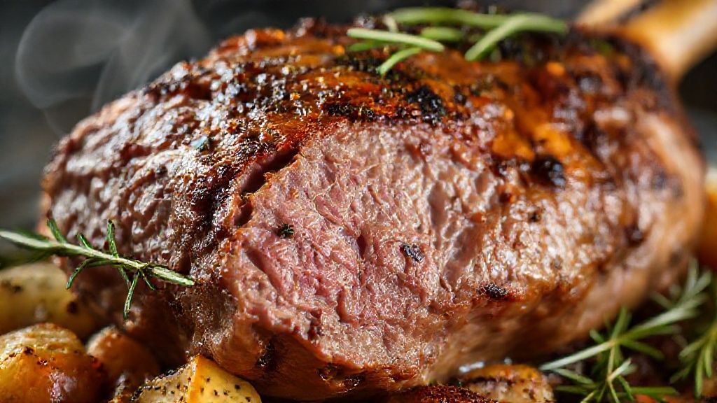 Close-up do pernil assado com legumes, destacando a textura dourada e suculenta