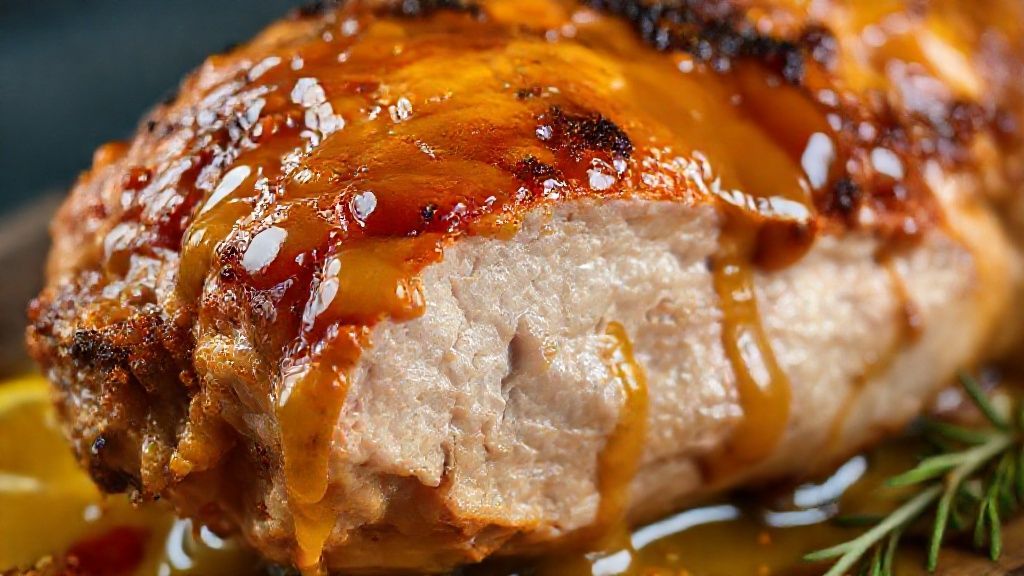 Close-up mostrando a textura dourada do pernil de porco assado e o brilho do molho cítrico e levemente adocicado.